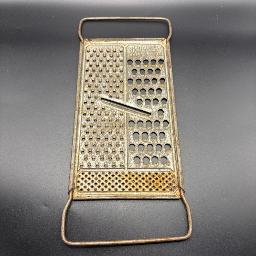 Vintage All-In-One Metal Cheese Grater Slicer Pat Pend Silver Tone Rustic Decor
